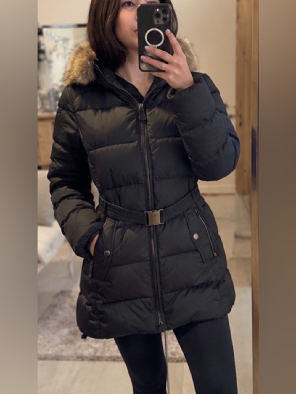 Coach Black Signature Down Puffer Coat Jacket Fur Hood (Belt Detaches) Size M
